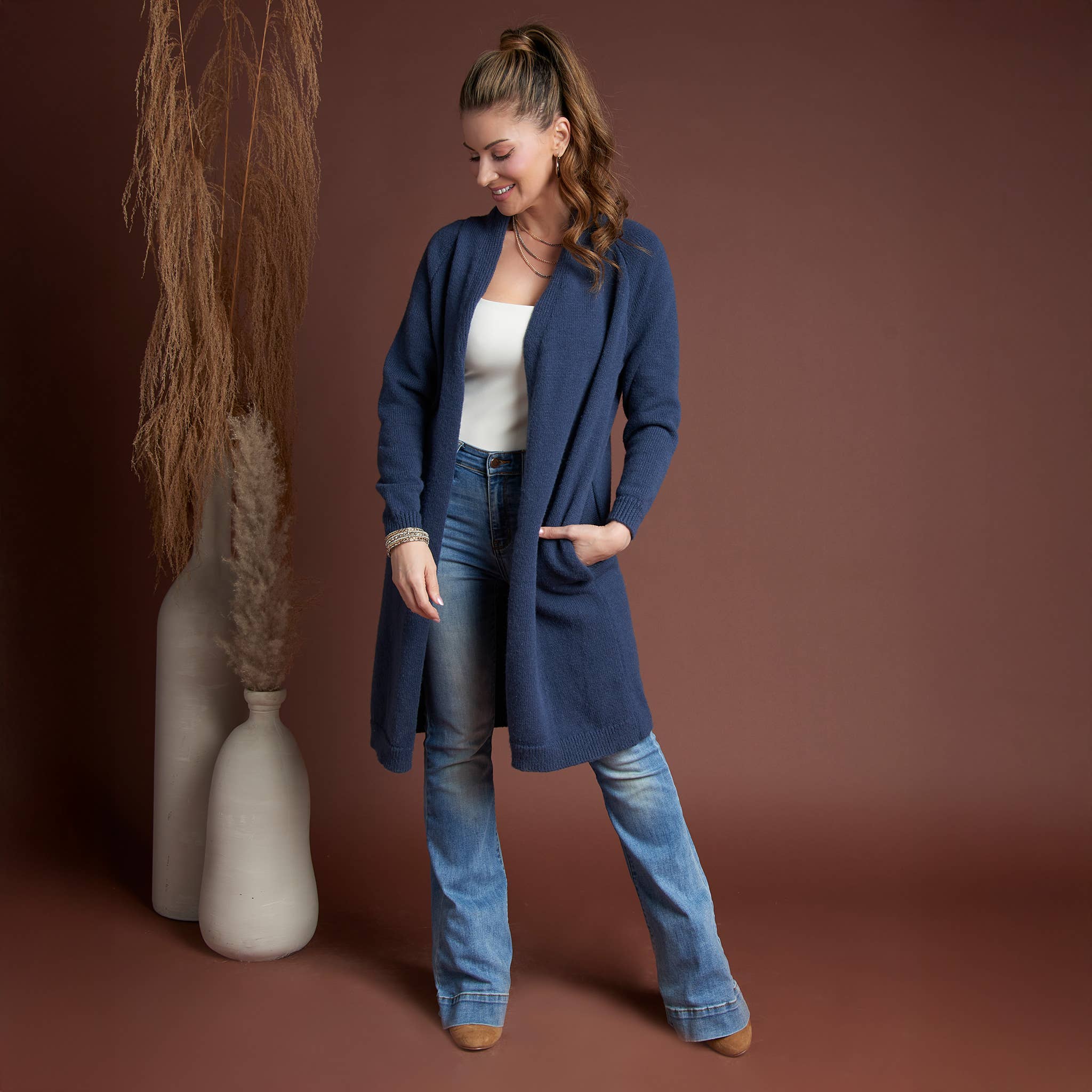 Elsie & Zoey – Cardigan - Mulher por atacado – Cardigã de Malha Madison Aberto à Frente com Malha Escovada e Manga Comprida12
