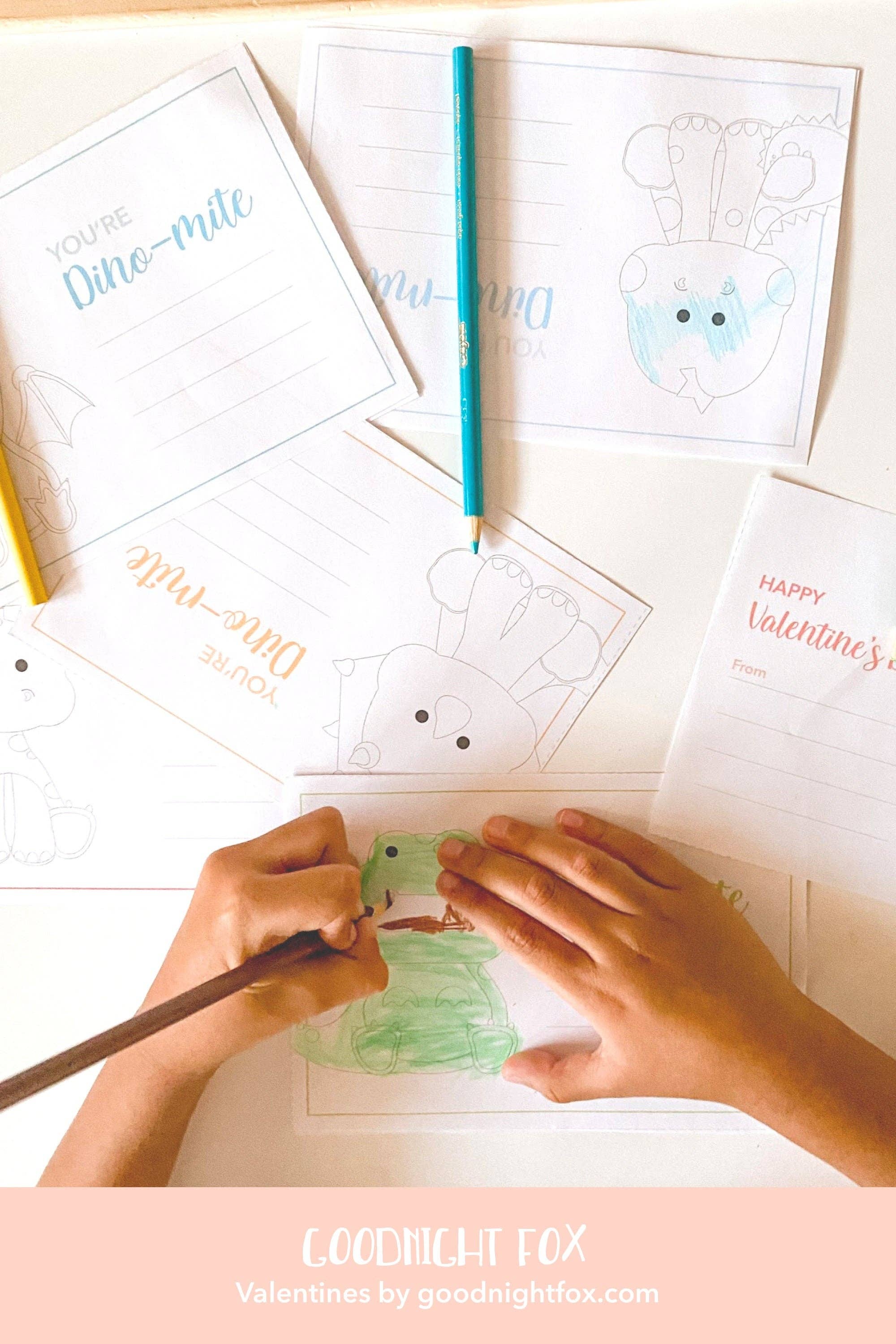 GoodnightFox - Venta al por mayor Tarjetas de San Valentín - Postales de San Valentín para niños con dinosaurios, postales para niños, actividad de San Valentín, San Valentín COVID, San Valentín en el aula, actividad para colorear para niños1