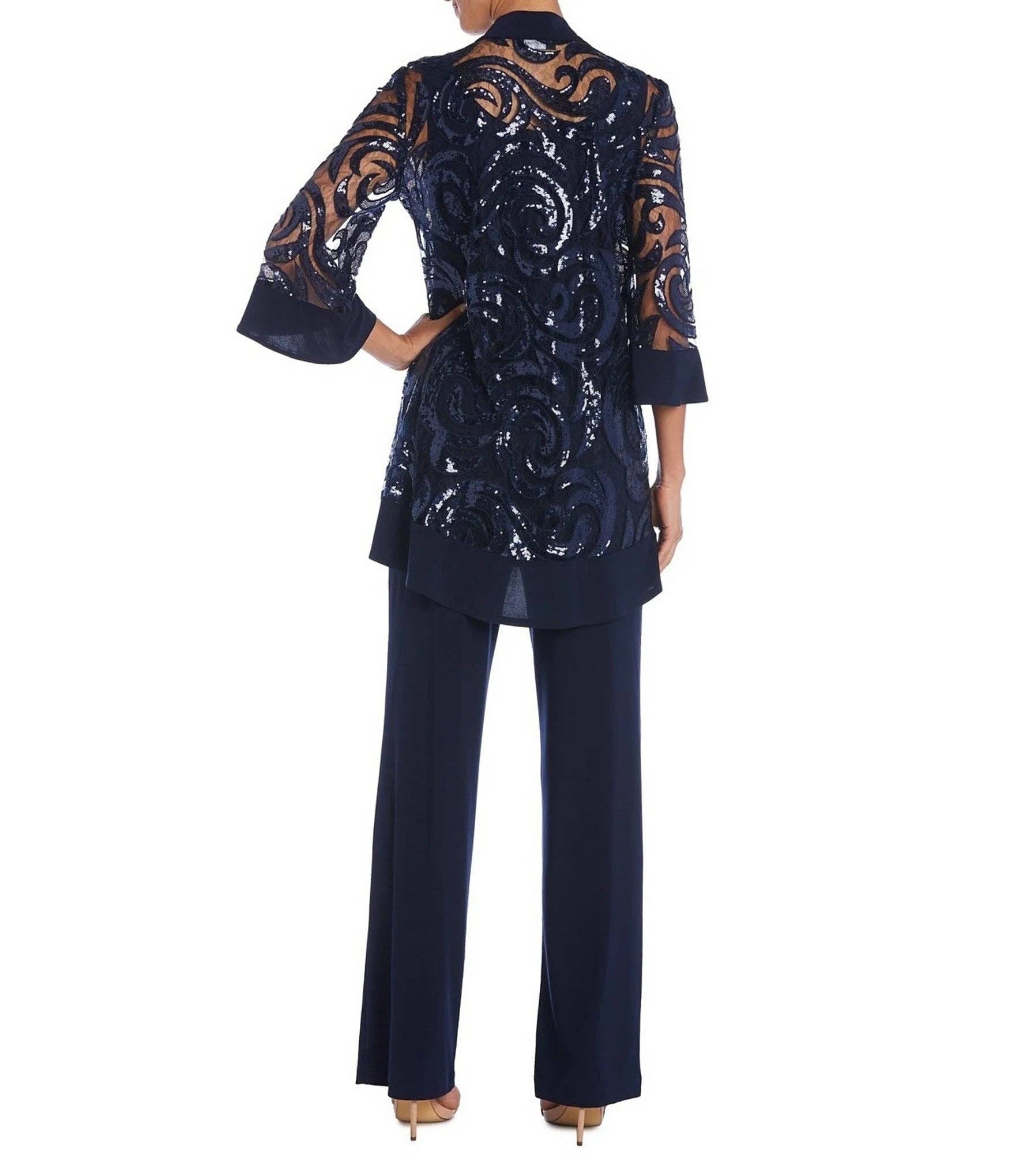 Immediate Apparel - Wholesale Suit Set - Women's - R&M Richards Scoop Neckline Top Sequin Jacket Straight Hemline Pant Suit Set Dress with Detachable Necklace6