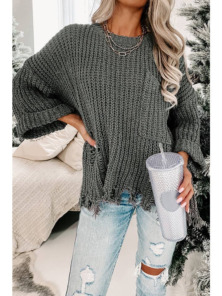 Gray Distressed Pocketed Chunky Pullover Sweater for wholesale on Faire