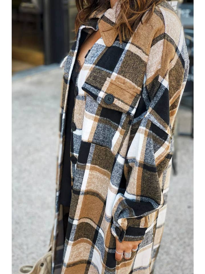UNISHE - Wholesale Shirt Jacket/Shacket - Women's - XC1360 Plaid Flannel Shacket Jacket Maxi Length Women
