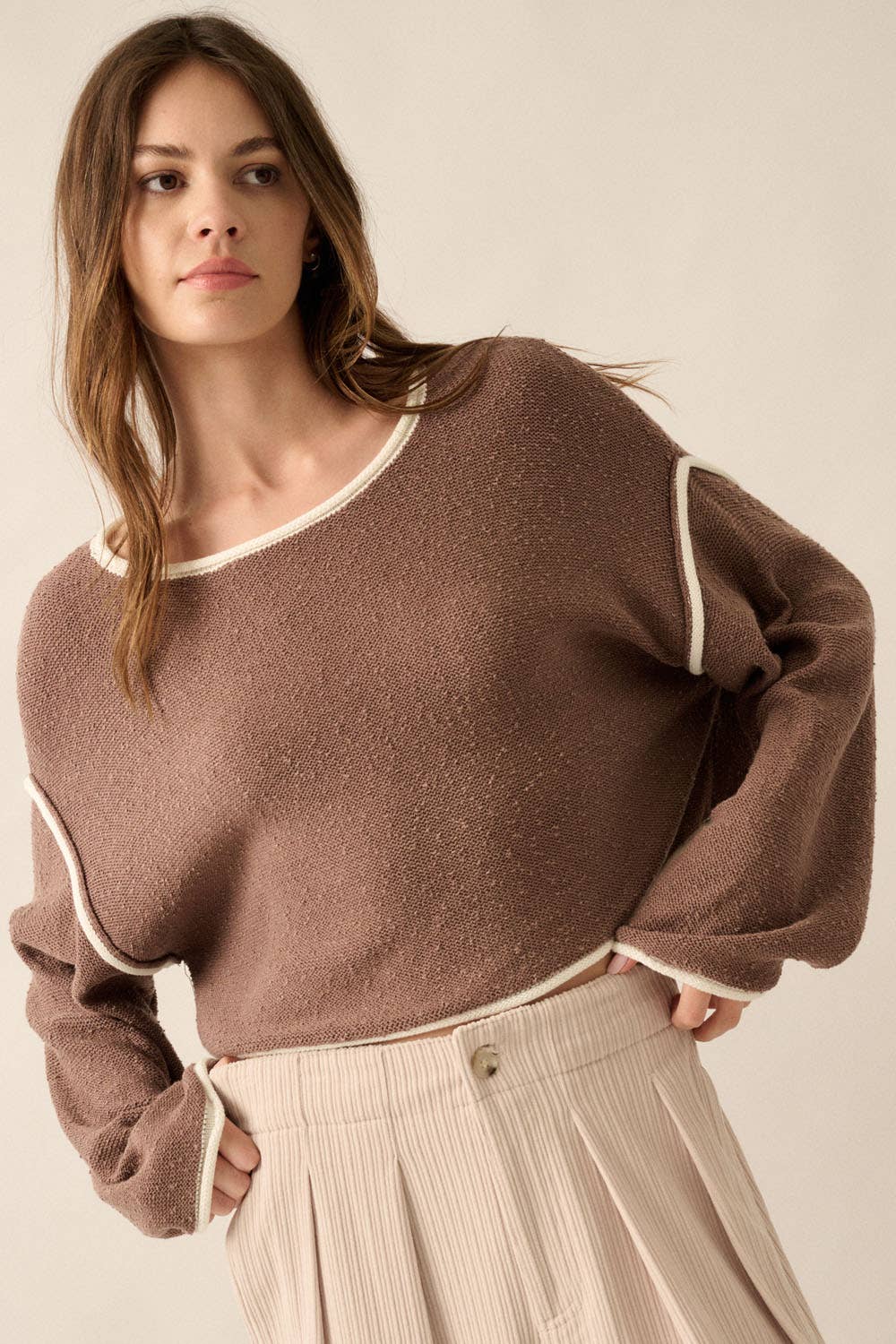 Promesa USA - Wholesale Knit Sweater - Women's - Loose Knit Boat Neck Exposed Seam Crop Sweater9