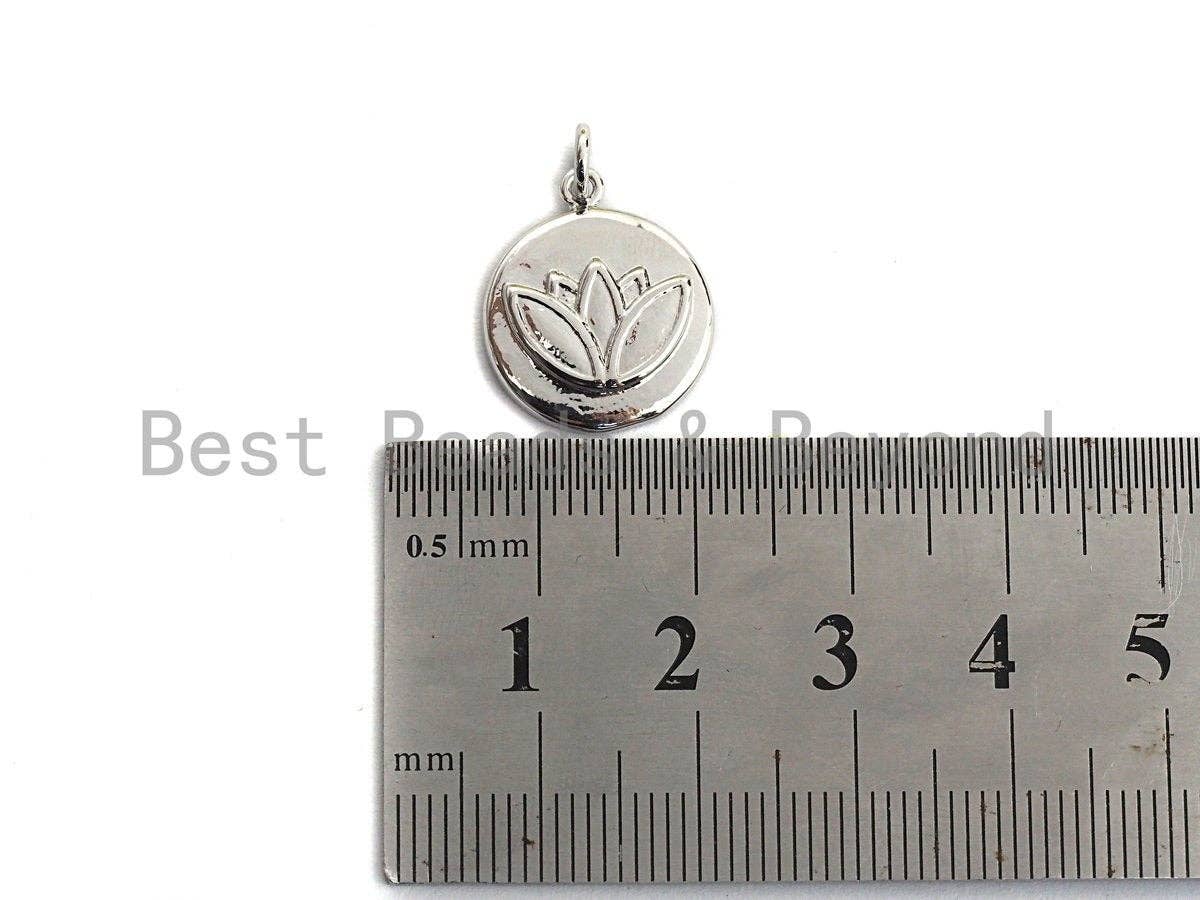 BestBeads&Beyond – wholesale Individual charm/pendant – Lotus Flower on Disc Coin Pendant/Charm,Yoga Cubic Zirconia Pendant, Silver/Gold Tone,15x18mm,Sku#Z4294