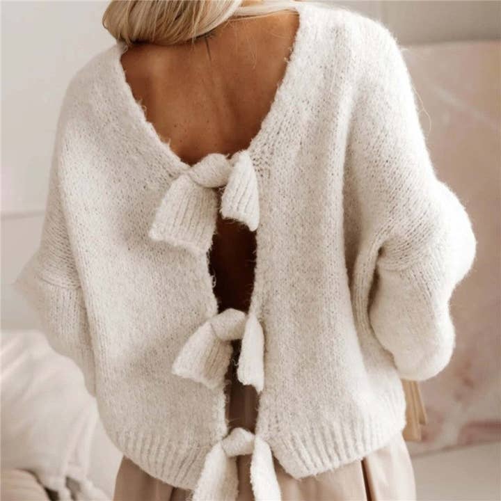 WHITE Solid Bow Tie Back Loose Sweater for wholesale on Faire3