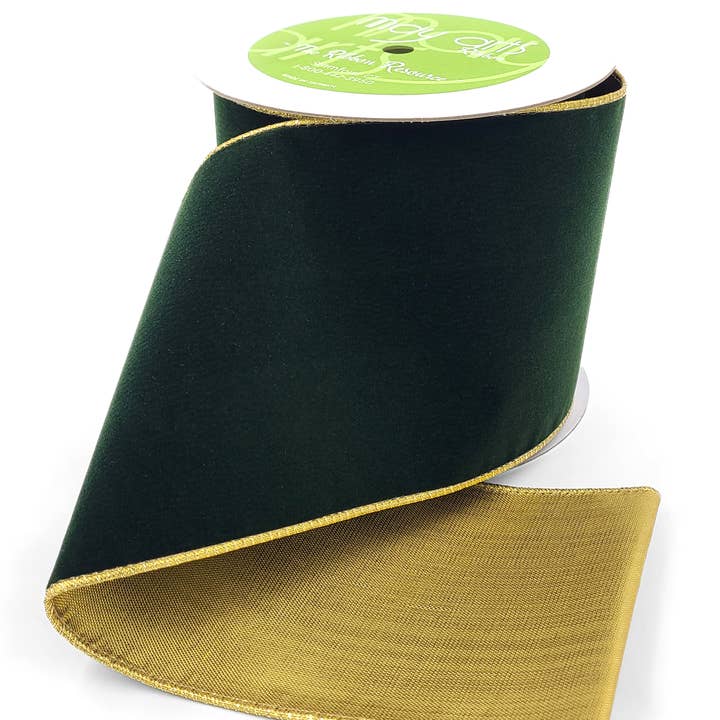 May Arts Ribbon - Wholesale Ribbon - Gift Wrapping - 4" Dark Green Velvet Reversible Gold Wired Ribbon