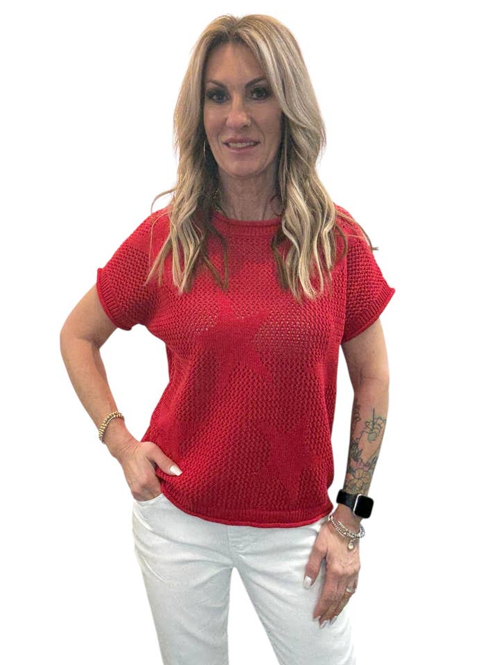 NS2288-R - Red - Short Sleeve Dolman Star Sweater A3898 for wholesale by K & C Clothing, Inc.