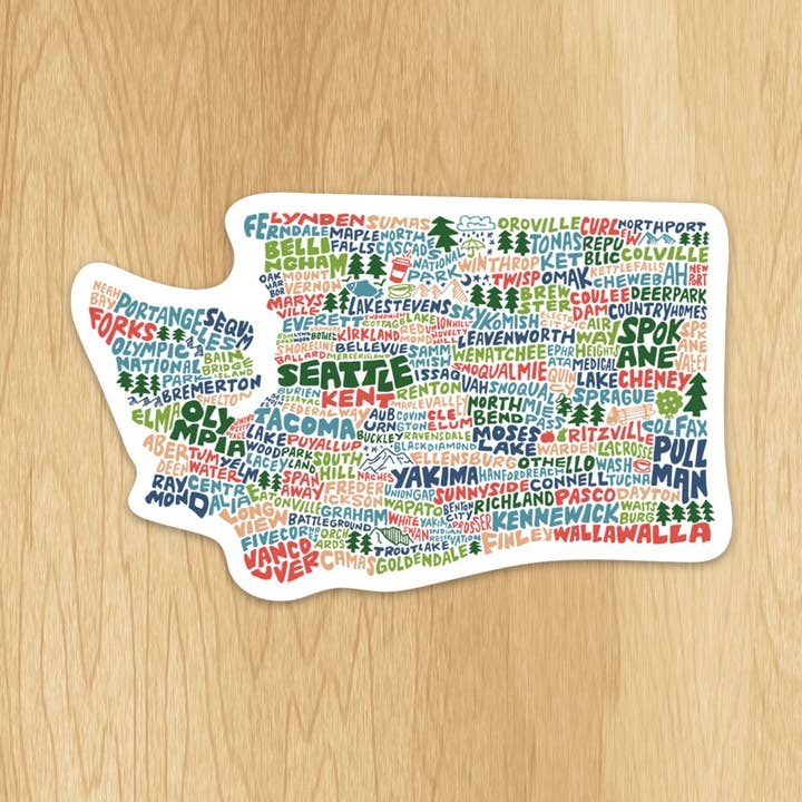 Hand-Lettered Washington Towns Map Sticker for wholesale by Wander On Words