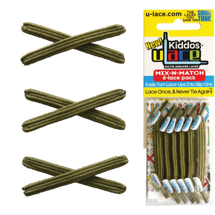 U-Lace Kiddos - No-Tie Laces - 6-Lace Pack - Army Green for wholesale by U-Lace No-Tie Sneaker Laces