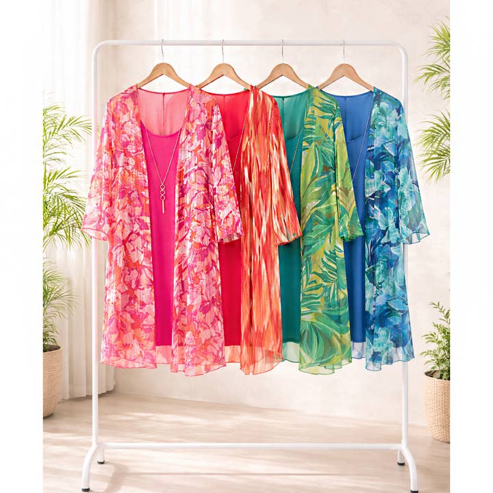 PLUS SIZE 2PC BELL SLEEVE CARDIGAN & DRESS SET for wholesale by Winslow Collection