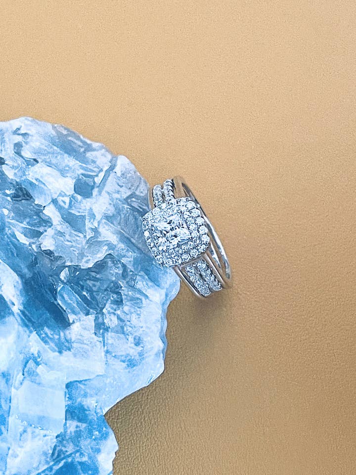 IRIS - 0.75ct Princess-Cut CZ Center Stone Surrounded With Small Stone Ring In Silver for wholesale by JohnnyB Jewelry