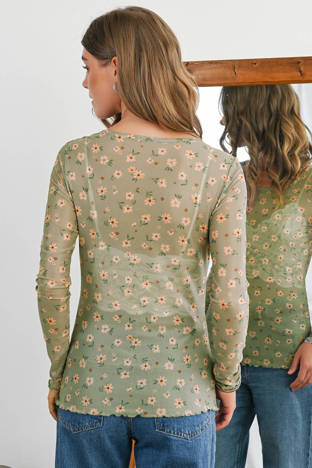 Aapparella - Vente Chemisier – femme - Haut à manches longues en mesh à imprimé floral vintage | S-XL9