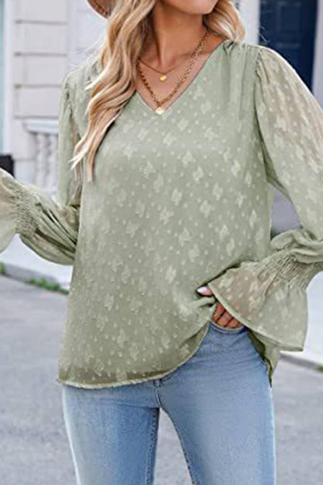 UNISHE - Wholesale Blouse - Women's - V Neck Lace Sheer Flare Sleeves Blouse AXR0058