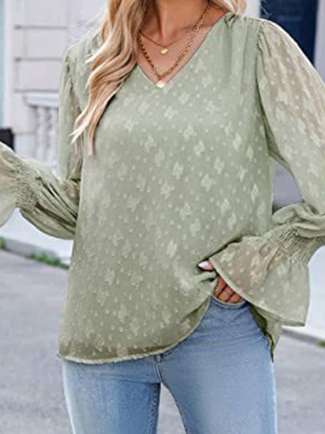 UNISHE - Wholesale Blouse - Women's - V Neck Lace Sheer Flare Sleeves Blouse AXR0058