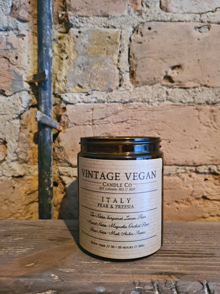 Italy Pear and Freesia Soy Wax Travel Candle for wholesale by Vintage Vegan Candle Co