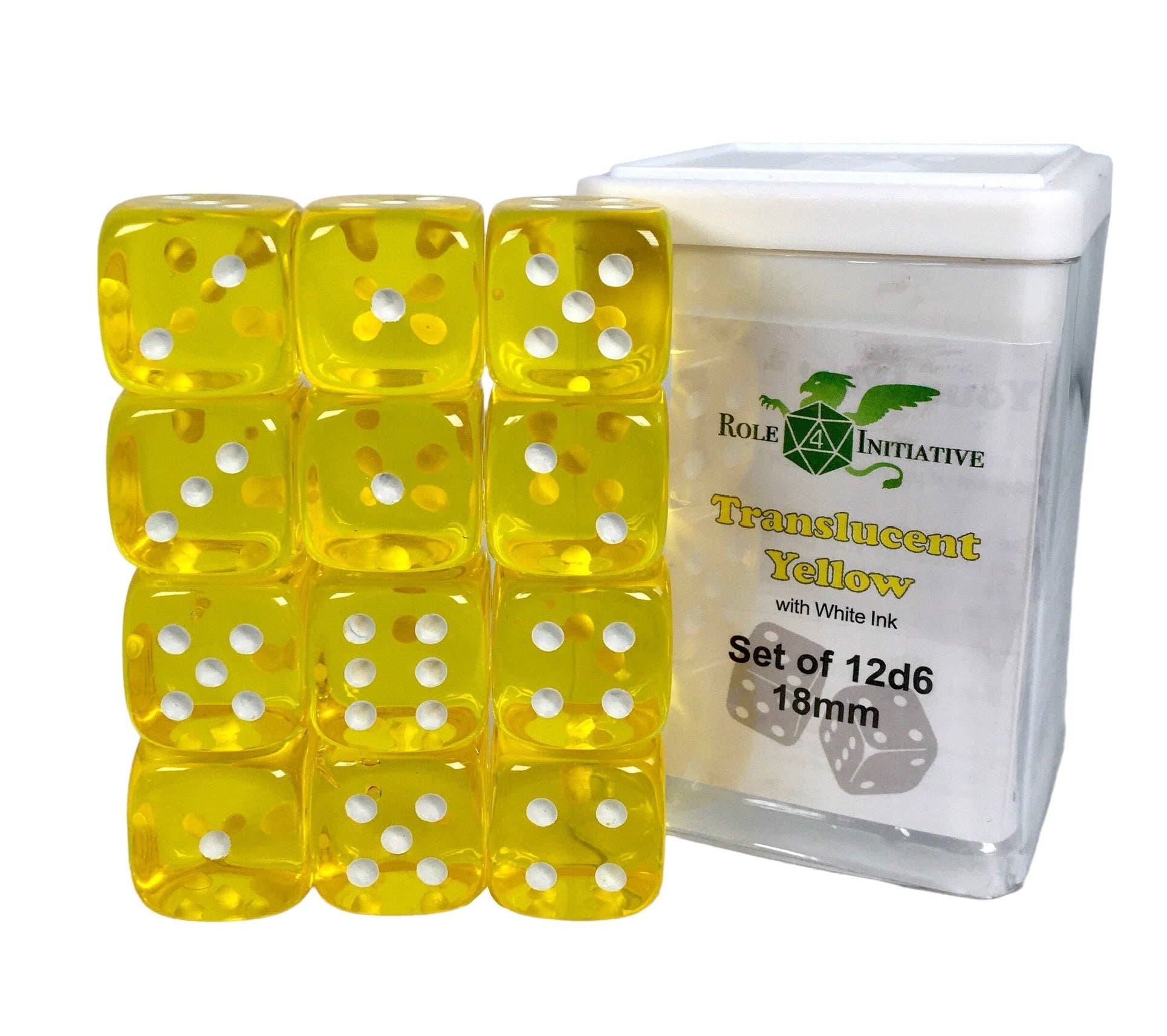 Role 4 Initiative - Wholesale Dice - Translucent Yellow w/ White - Set of 12d6 pips 18mm Dice0