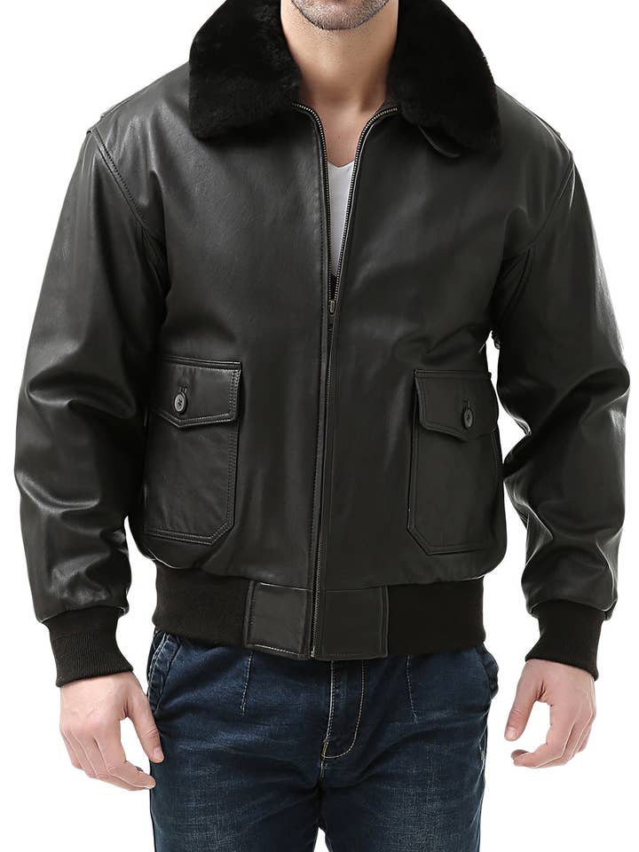 Veste aviateur Landing Leathers en cuir de chèvre G-1 bleu marine haut de gamme pour hommes pour la vente par Landing Leathers