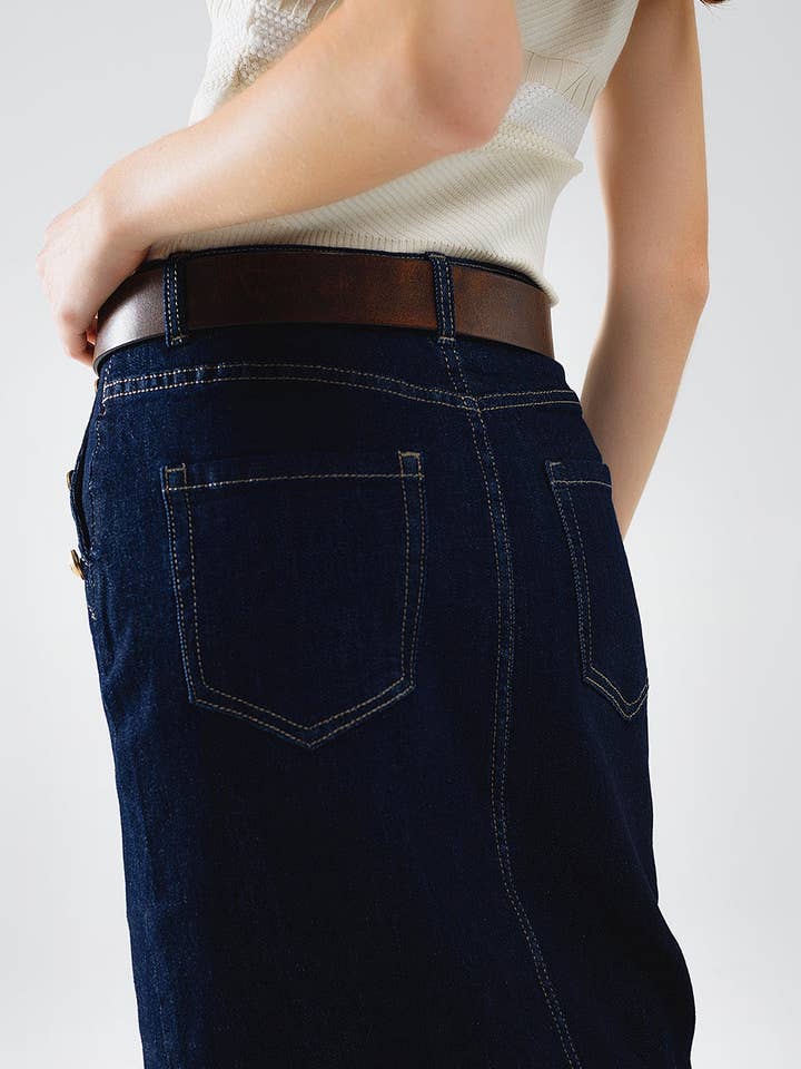 Blue Denim Skirt With Front Slit And Gold Buttons on Sides for wholesale on Faire5