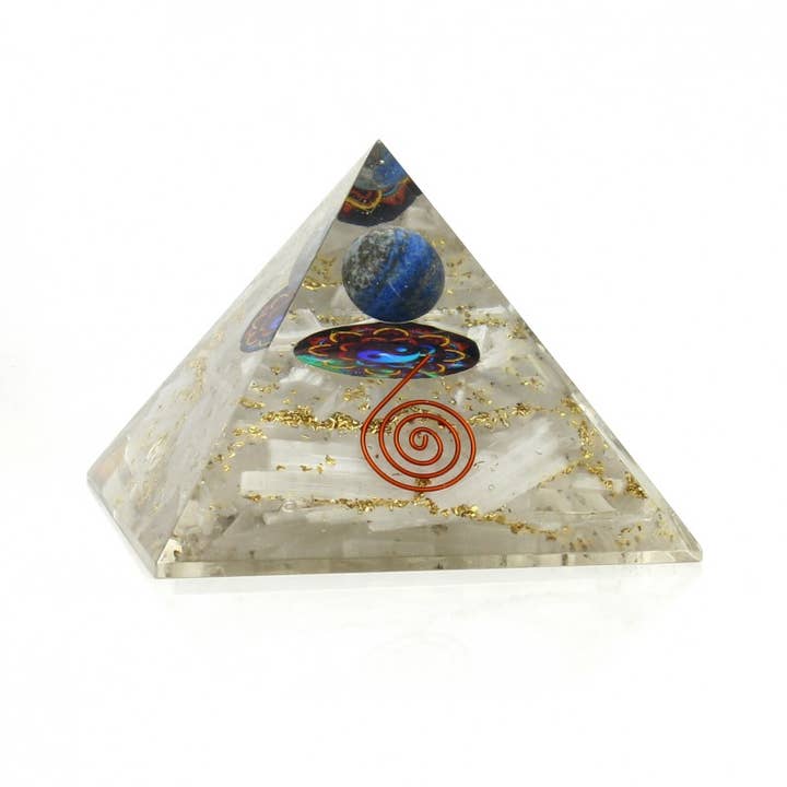 UniArt - Vente Pierre et cristal de spiritualité - Pyramide orgonite de 10 cm avec sphère et pierres naturelles3
