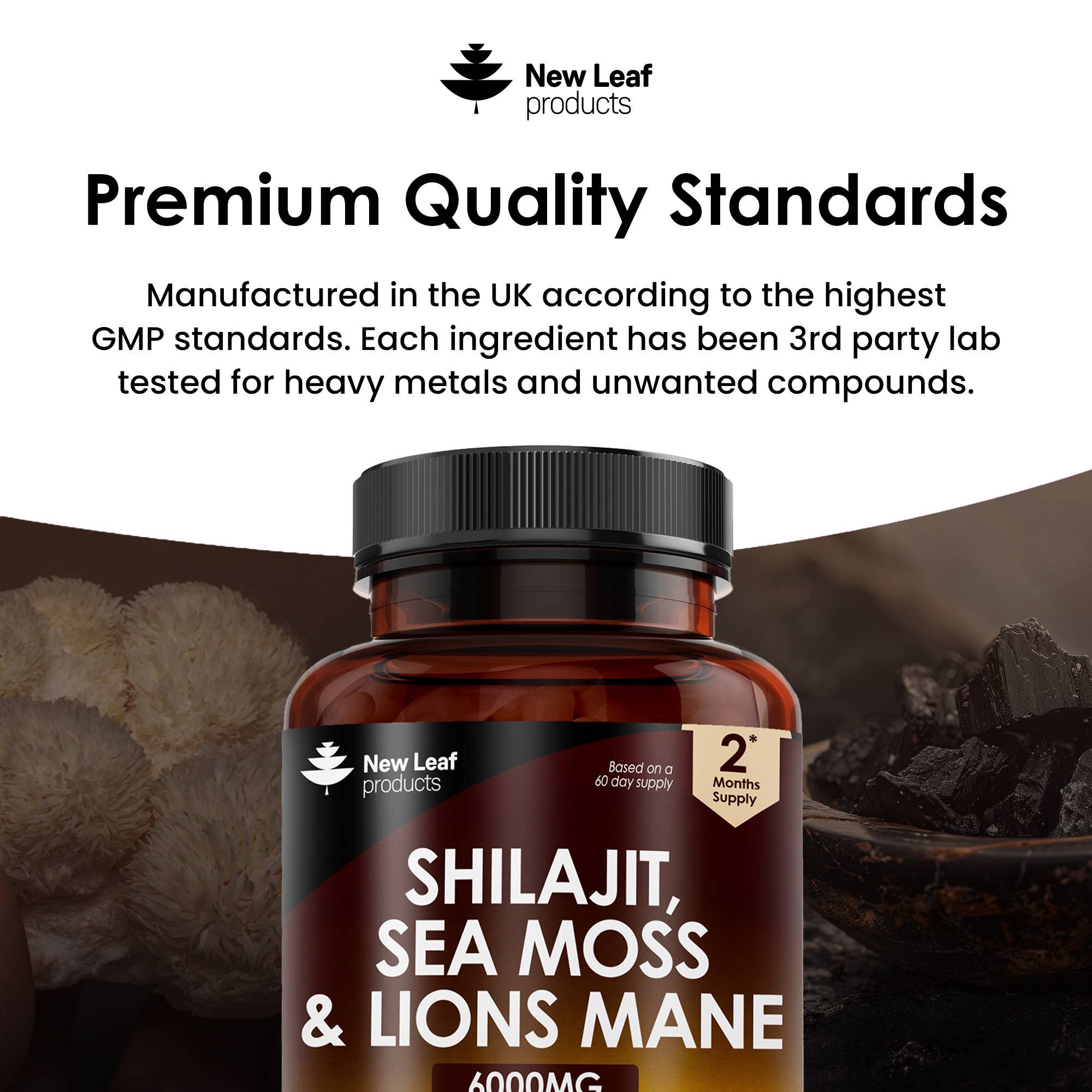 New Leaf products Ltd – wholesale Oral supplement/vitamin – Shilajit, Sea Moss & Lions Mane 6000mg Vegan Capsules4