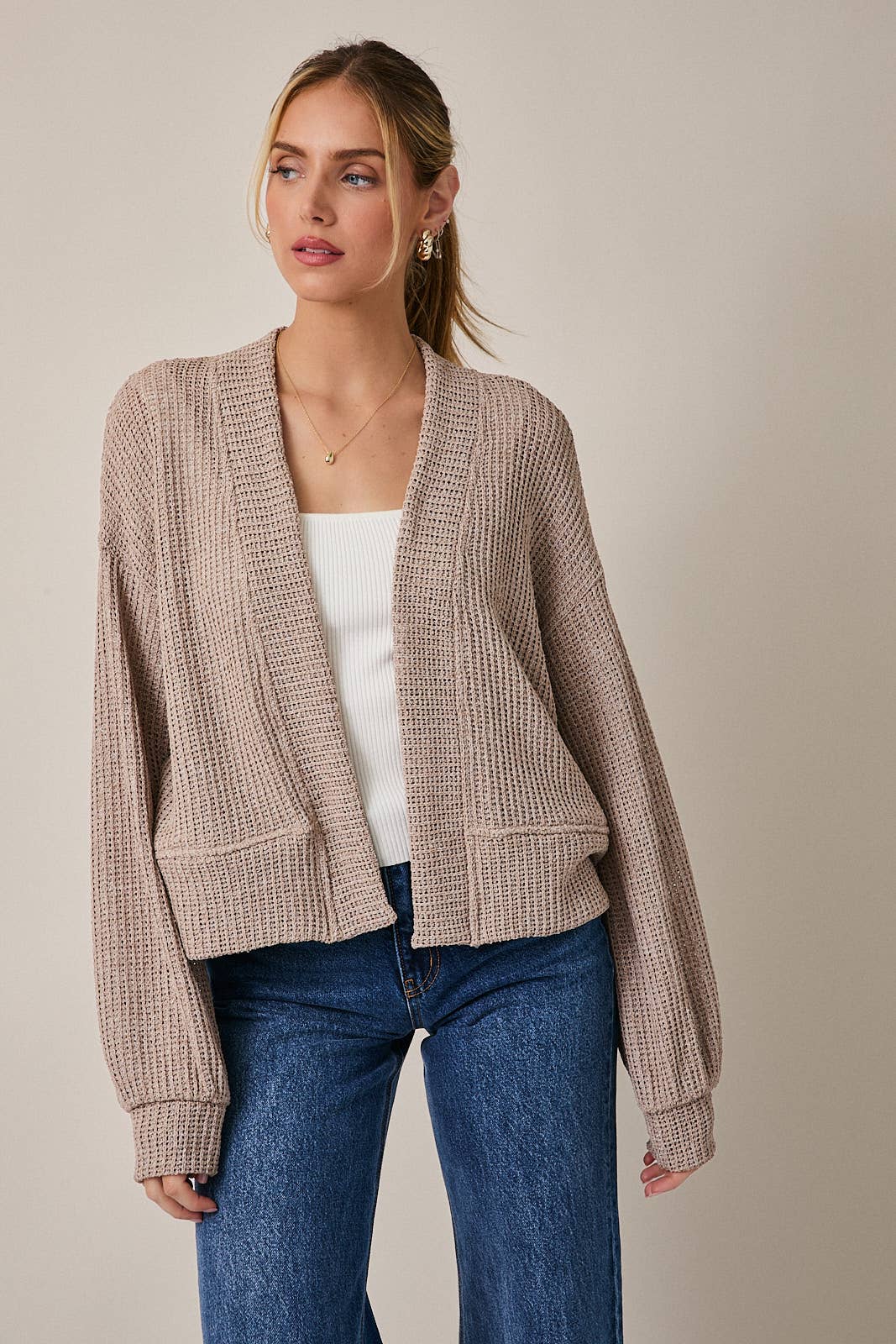 OATMEAL LONG SLEEVE CROPPED CARDIGAN for wholesale on Faire1