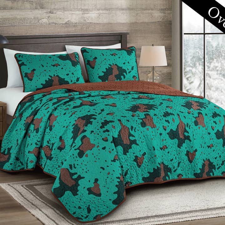 Turquoise Multicolor Cow Print Oversized 3 Piece Bedspread for wholesale by Sunshine Home Textile