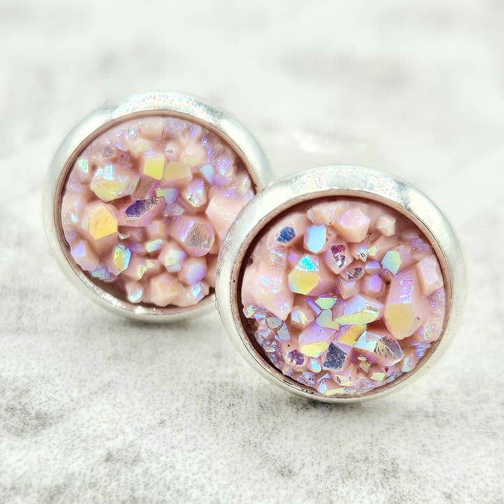 Druzy Stud Earrings (Handmade 8mm) - Blush Pink for wholesale by The Sparkle Shop