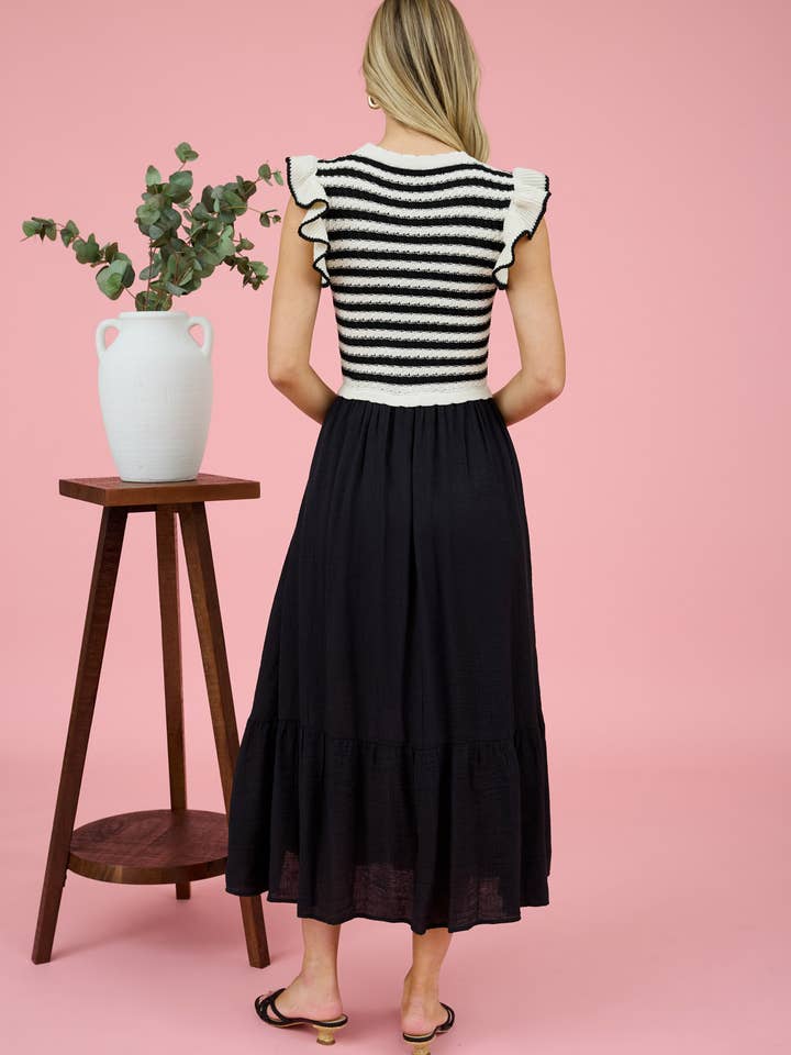 Blu Pepper - Wholesale Dress - Women's - STRIPE SWEATER TOP MIXED MEDIA MIDI DRESS