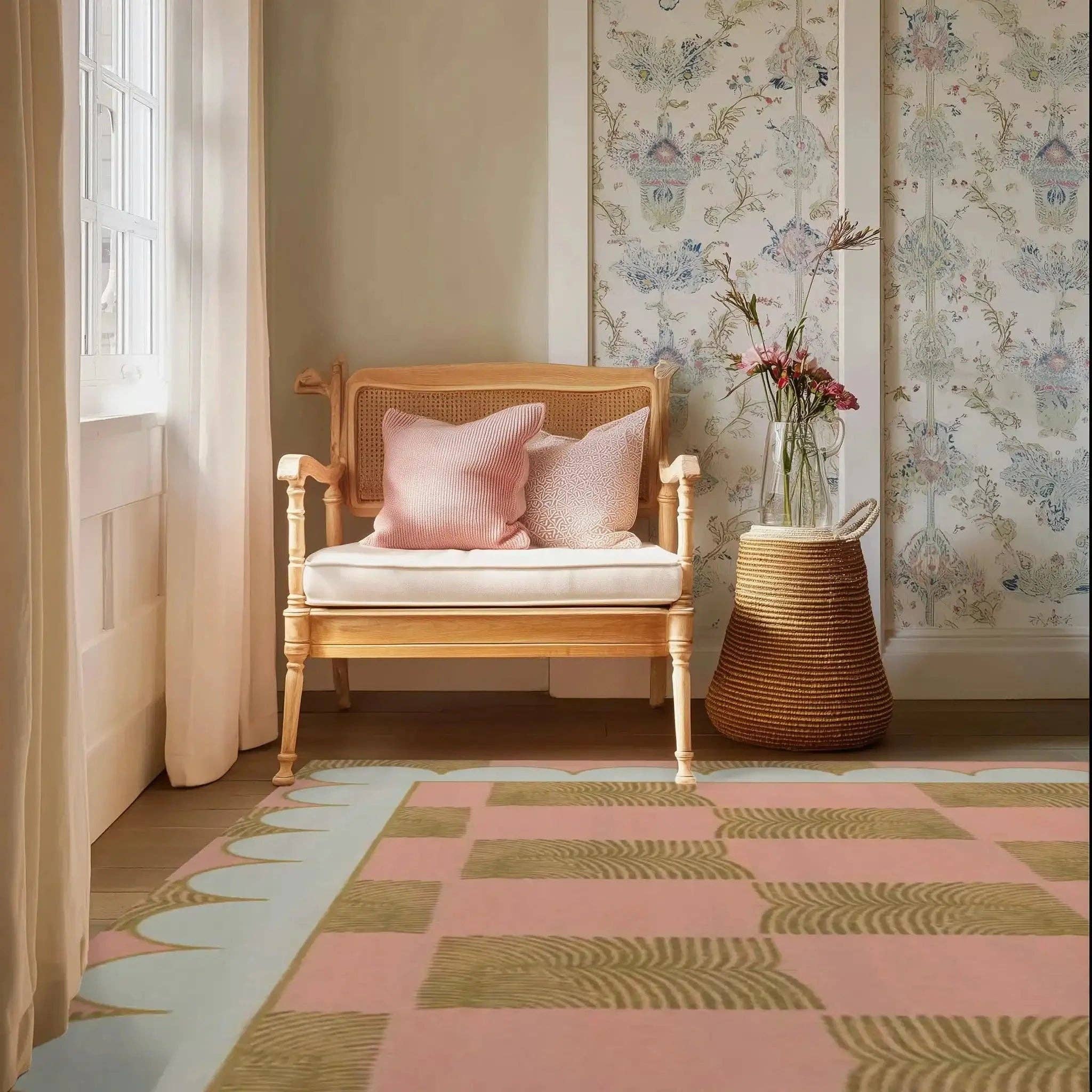 Maia Homes – Engroshandel Løst tæppe – Leaf Checker Scallop pastel håndtuftet tæppe3