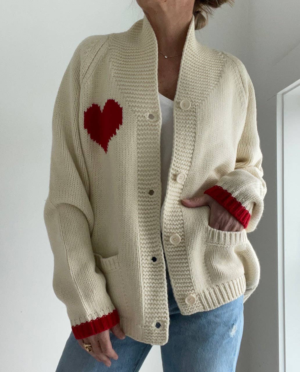 Pink Pineapple - Wholesale Cardigan - Women's - Varsity Chunky Heart Cardigan in Ivory/Red1
