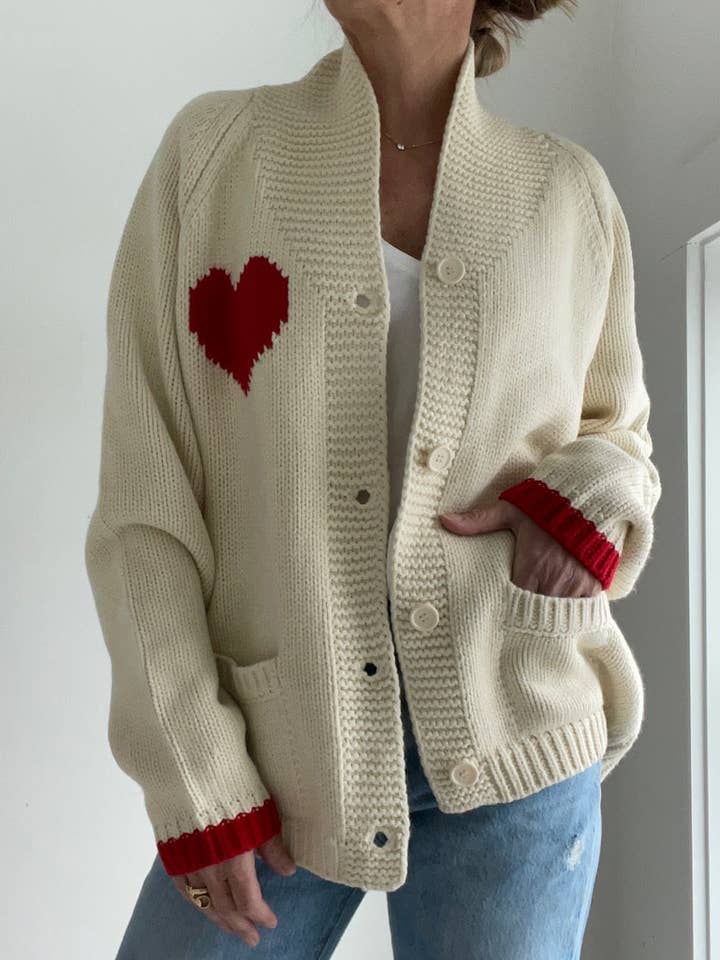 Pink Pineapple - Wholesale Cardigan - Women's - Varsity Chunky Heart Cardigan in Ivory/Red1