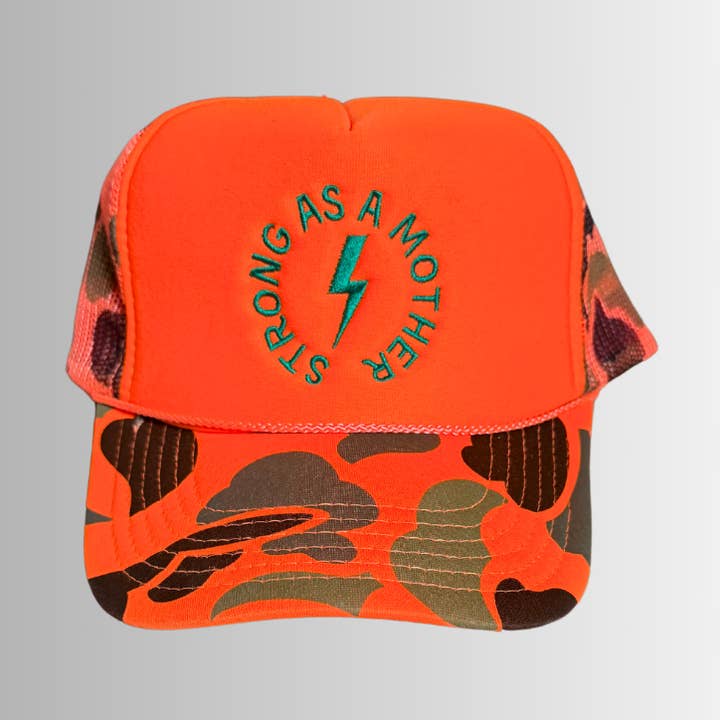 Strong as a mother® Embroidered Trucker Hat - Neon Orange Camo for wholesale by Mother Hats