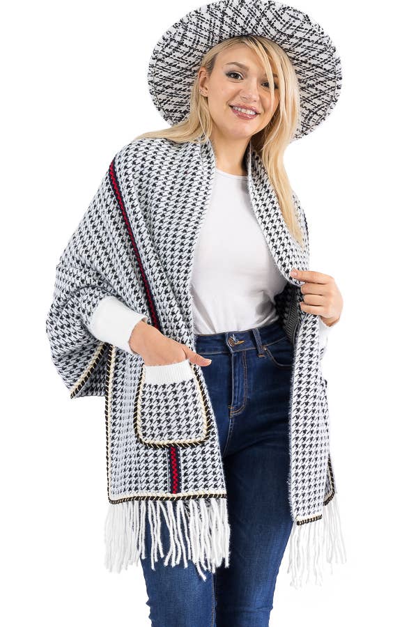 Cap Zone - Wholesale Poncho - Women's - Narrow Tri-Stripe Houndstooth Cardigan Sweater Poncho3