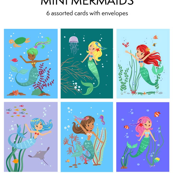 Pancake Paperie - Wholesale Stationery/Notecard Set - BOXED SET - MINI MERMAIDS - 6 ASSORTED MINI CARDS1