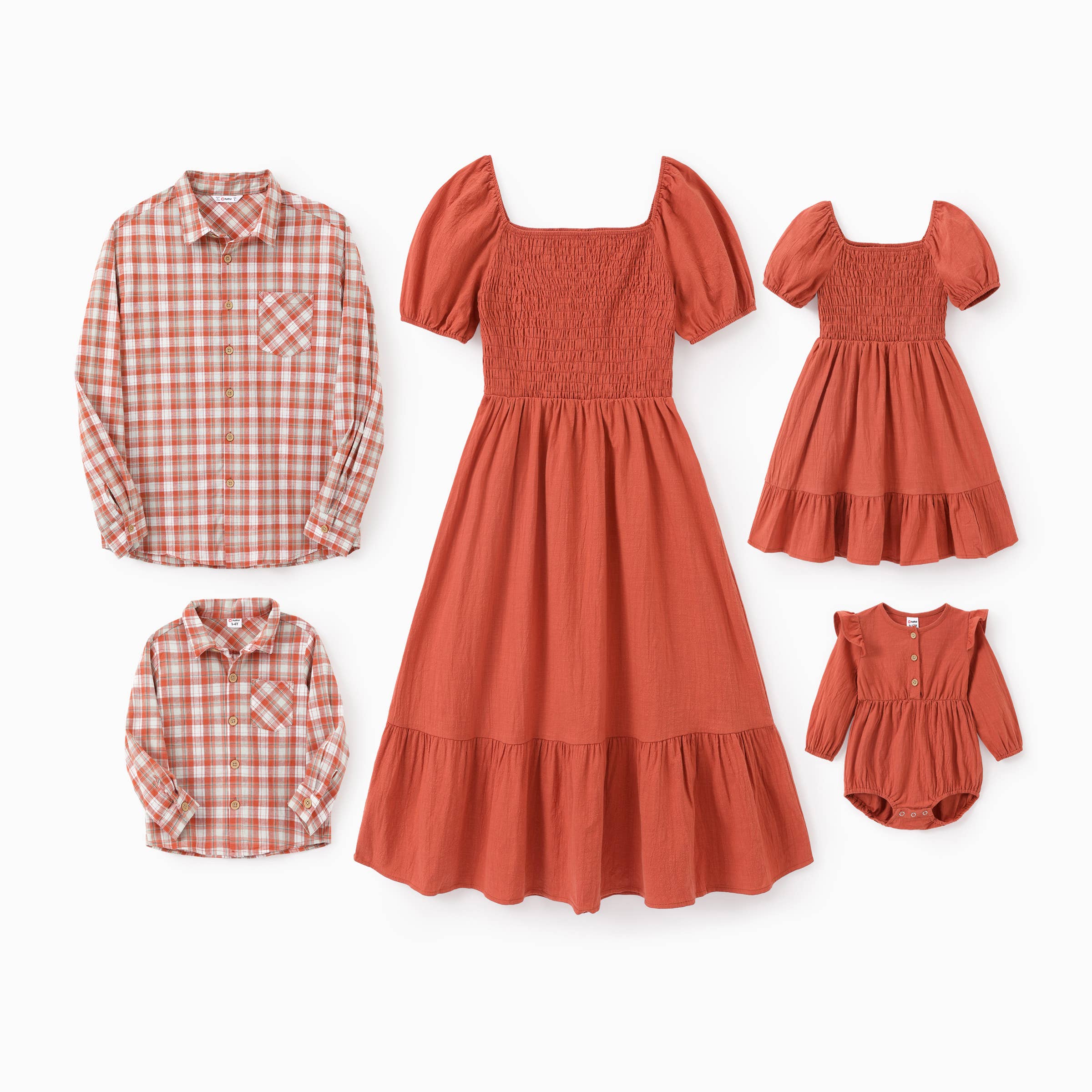 Orange Chemise à carreaux orange assortie pour la famille & robe à manches bouffantes en vente sur Faire0