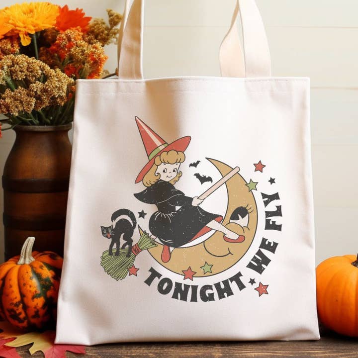 Vintage Witch Tonight We Fly Canvas Tote Bag for wholesale by Sister Ray