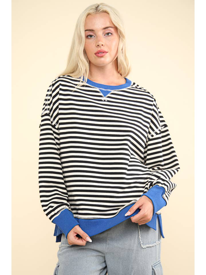 VERY J - Wholesale Knit Top - Women's - NT11927-Stripe Comfy Casual Oversized Knit Top