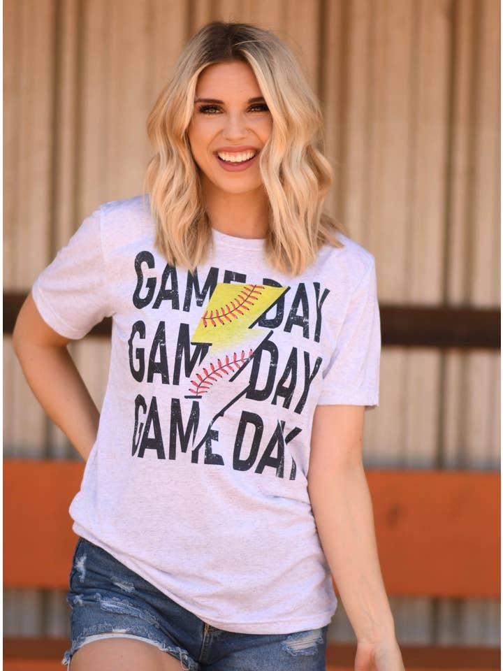 Ash Half Baseball Half Softball Game Day Bolt Tee for wholesale on Faire