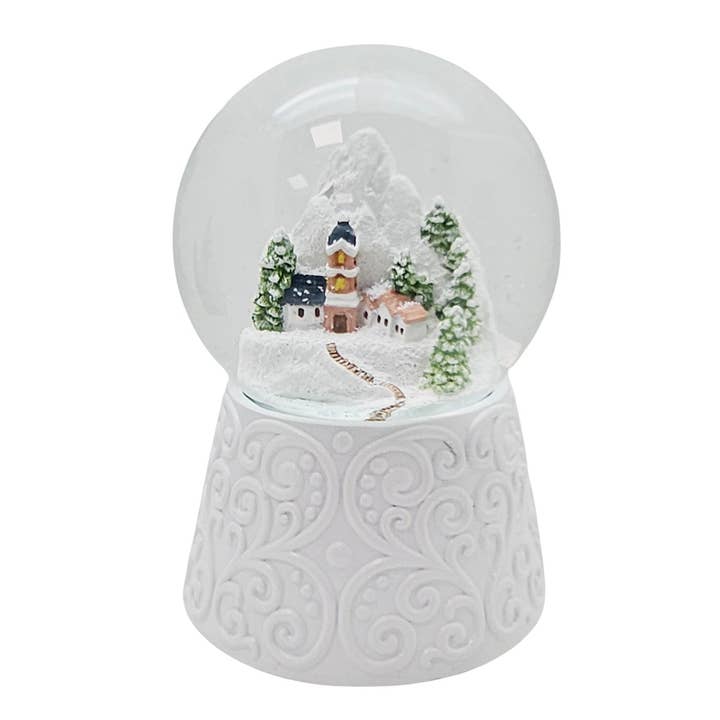 Schneekugelhaus - Wholesale Snow Globe - Nostalgic Snow Globe Mountain Village on White Base
