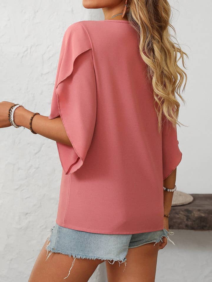Lovesoft - Wholesale Blouse - Women's - Women's Ruffled Split Sleeve V-Neck Casual Flowing Chiffon Top