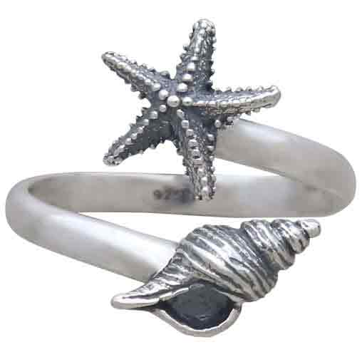 Nina Designs - Wholesale Cocktail/Statement Ring - Sterling Silver Adjustable Starfish and Conch Shell Ring