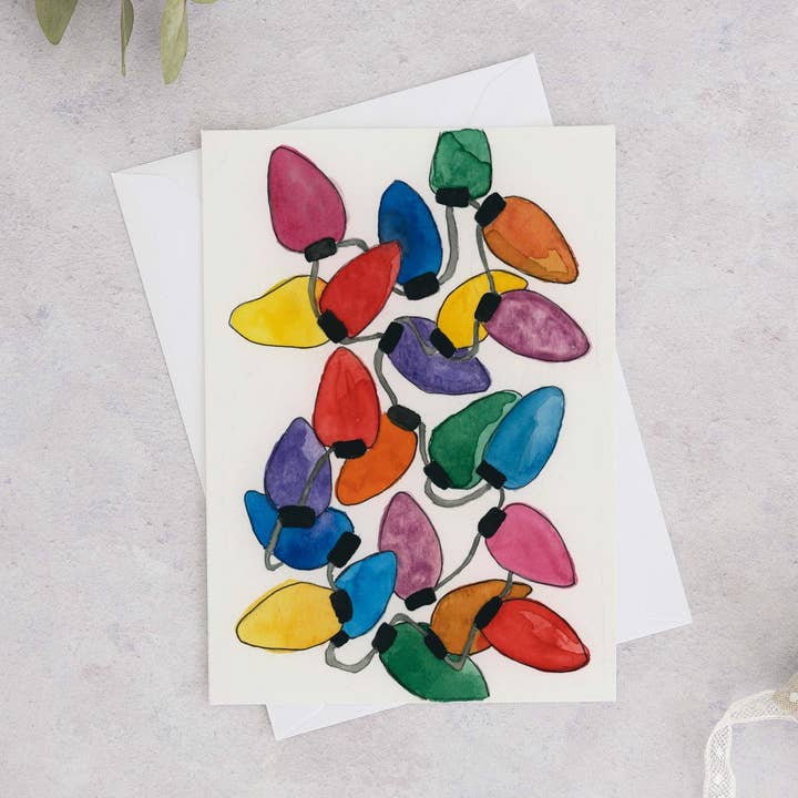 Watercolour Christmas Card, Handmade Christmas Card, Watercolour Christmas Lights, Christmas Lights Card, Hand Painted Holiday Card for wholesale by Wild Juniper Art Studio