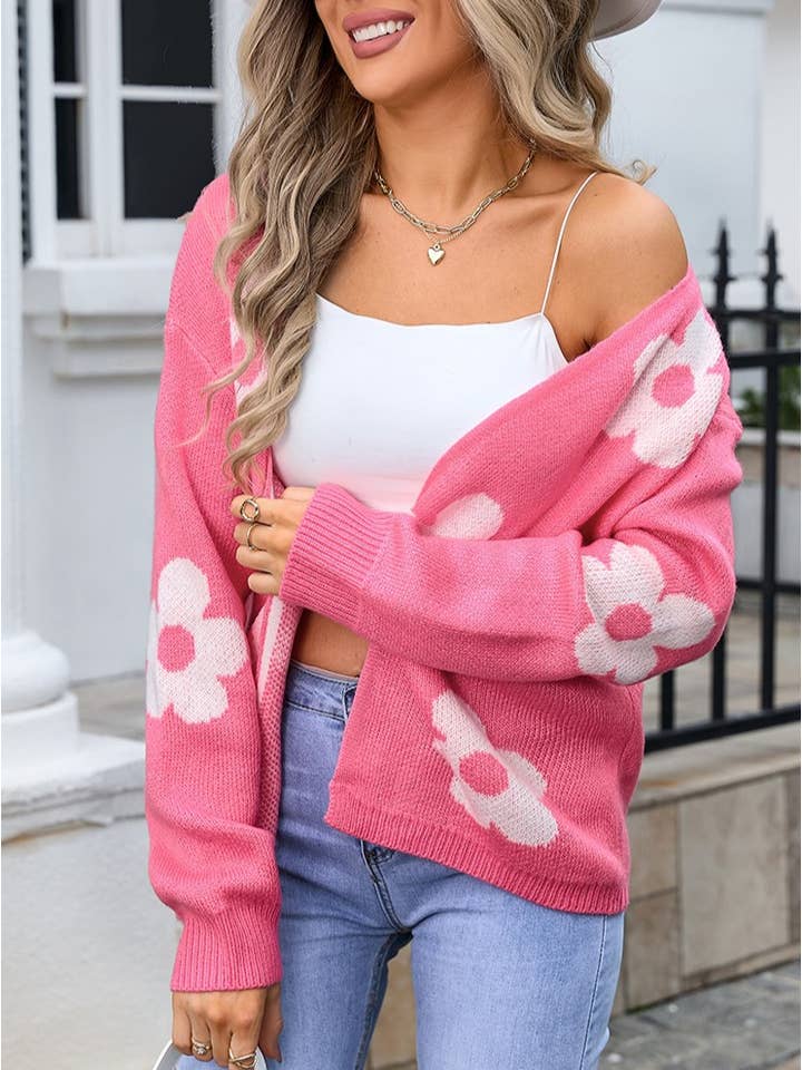 Rosa Clothing - Wholesale Cardigan - Women's - Floral Jacquard Sweater Knitted Cardigan