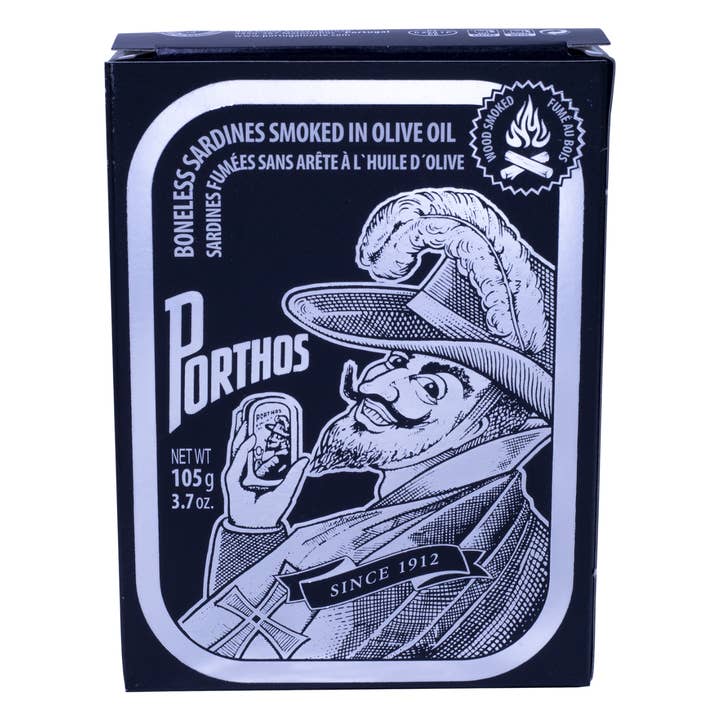 Portugalia Imports - Wholesale Tinned Fish - Porthos Boneless Sardines Smoked in Olive Oil