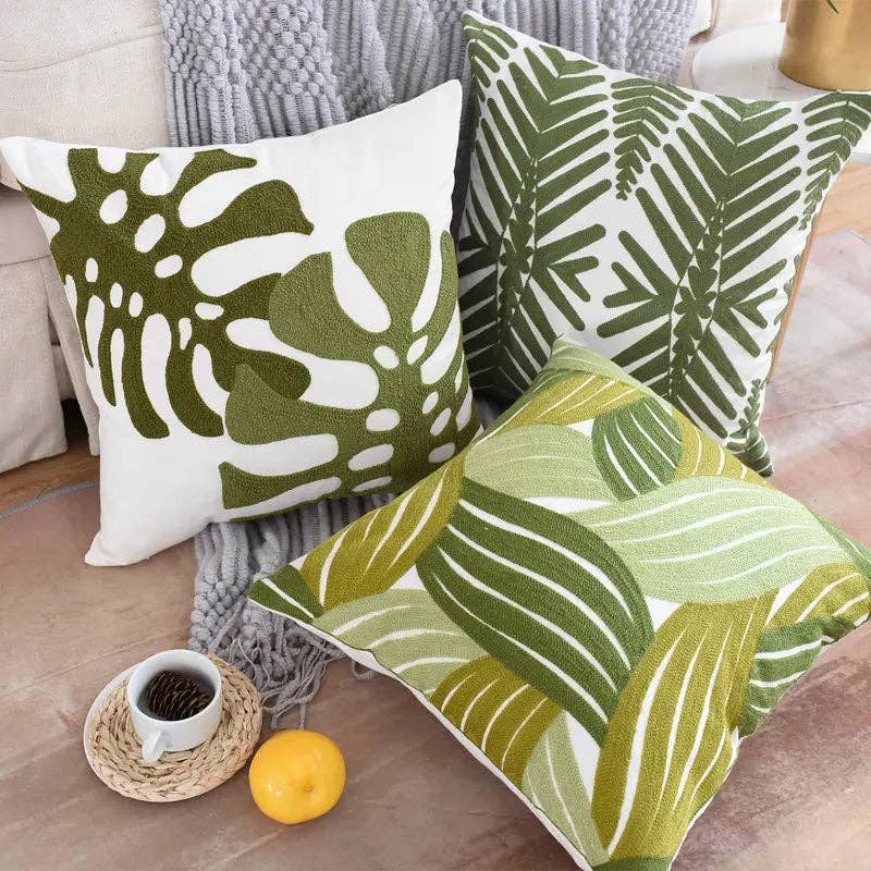 Pure Cotton Green Leaves Pattern Embroidery Cushion Cover 45x45cm (18 x 18 Inches) for wholesale on Faire2