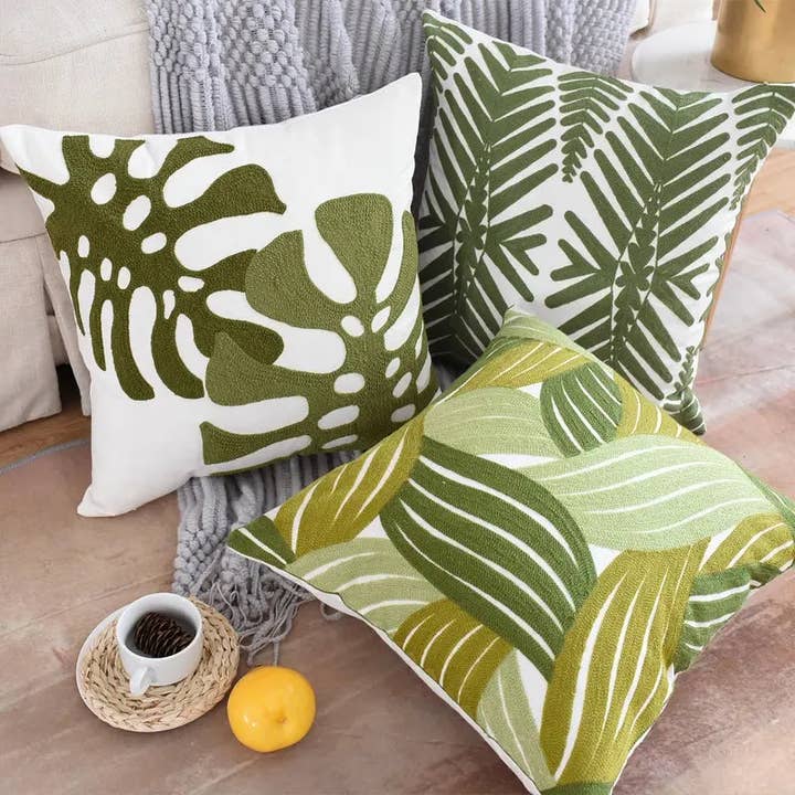 Pure Cotton Green Leaves Pattern Embroidery Cushion Cover 45x45cm (18 x 18 Inches) for wholesale on Faire2