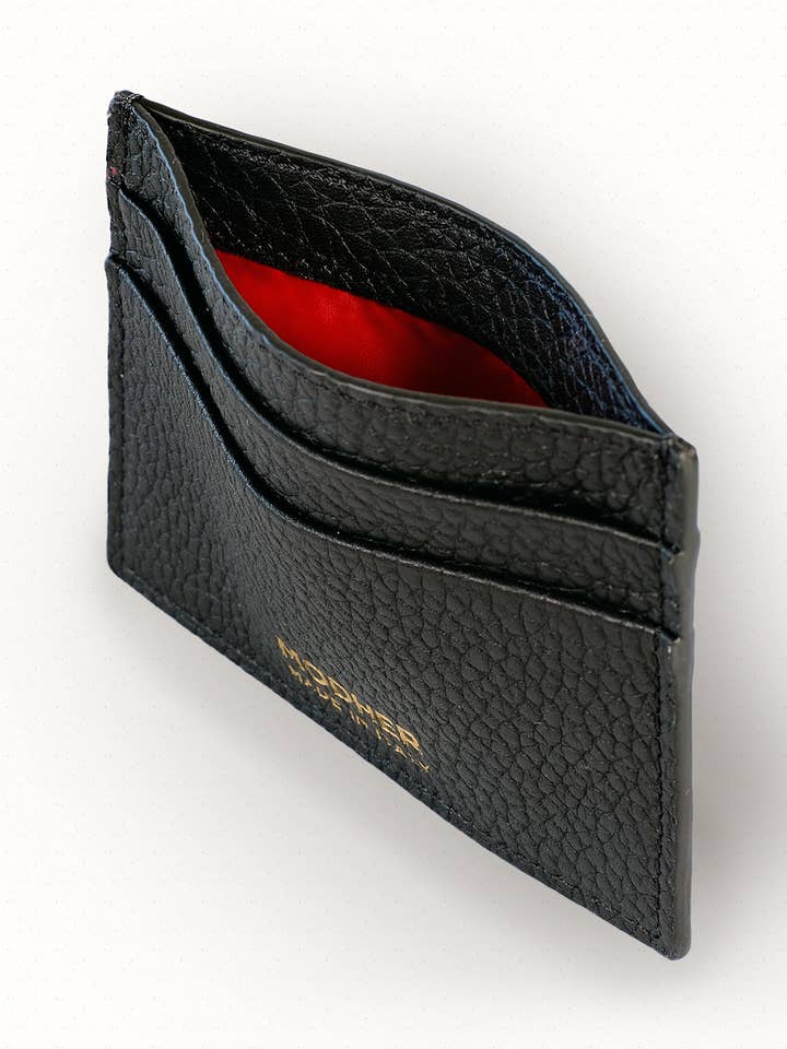 Credit Card Slip in Grained Leather - Black (Red Interior) for wholesale by MODHER