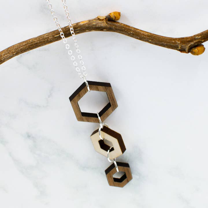Hexagon Two-Tone Hardwood and Silver Necklace for wholesale by Inspired Indigo
