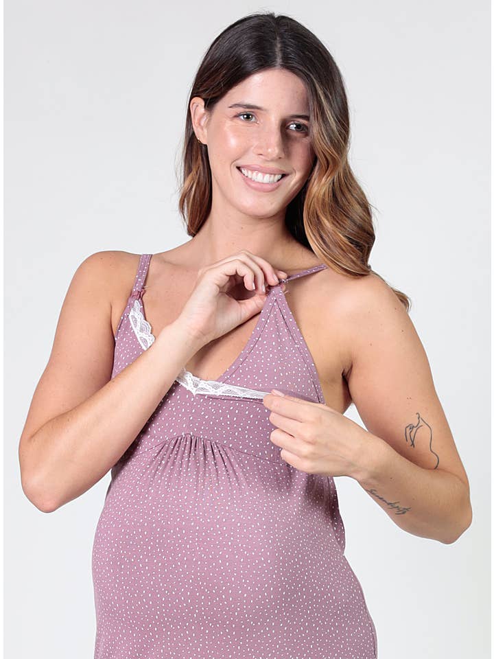 Ohma Barcelona – Großhandel Stillkleid – Schwangerschafts- & Stillmode – Stillnachthemd mit Tupfen und Spitze3