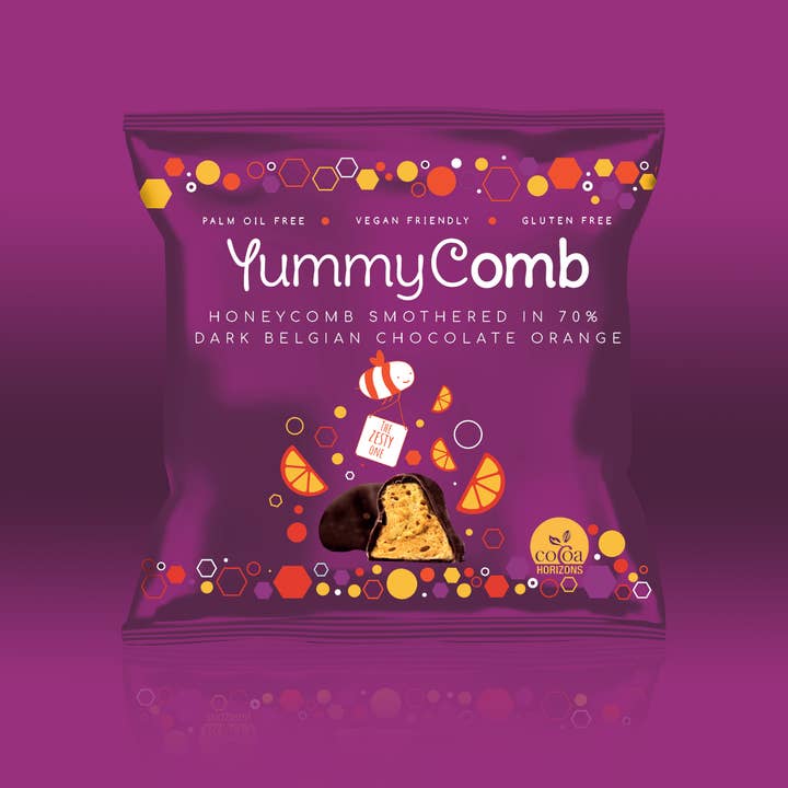 Yummycomb – wholesale Chokladtäckta godisar – 12 x 70% Mörkorange belgisk choklad Honeycomb Pack (40g)4