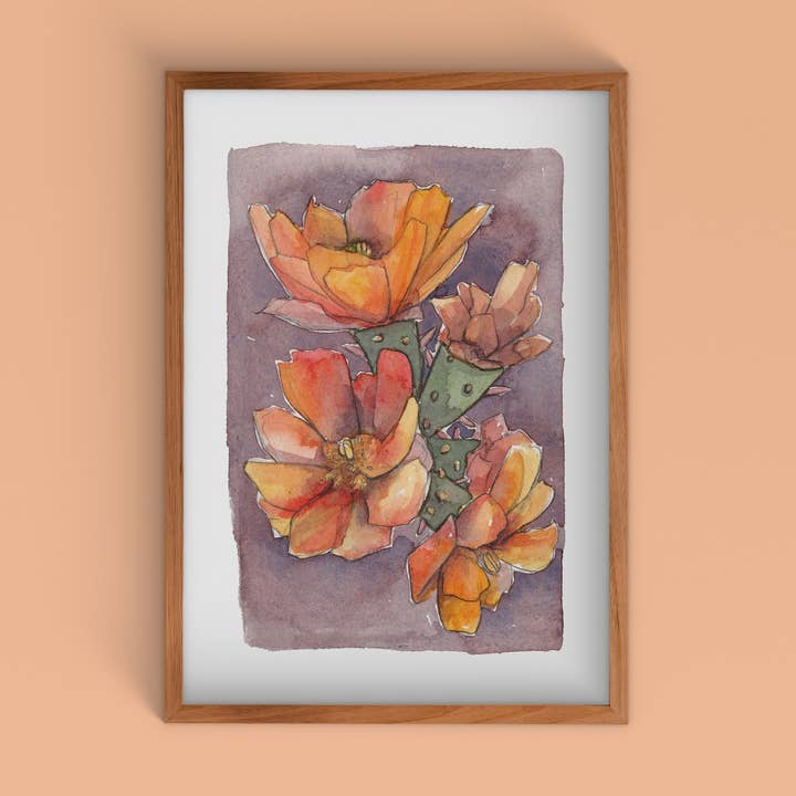 Stampa artistica ad acquerello Staghorn Cholla arancione con viola per la vendita all'ingrosso da parte di Cacti Oasis©